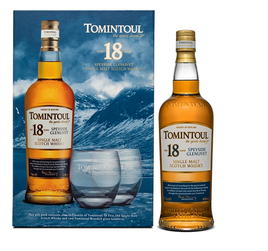 Tomintoul 18 Year Old Single Malt Scotch Whisky 700ml Gift Pack with 2 Glasses
